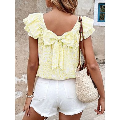 Cute Top for Women Bow Tie Back Ruffle Short Sleeve Shirt
