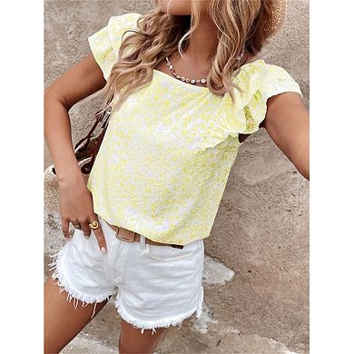 Cute Top for Women Bow Tie Back Ruffle Short Sleeve Shirt