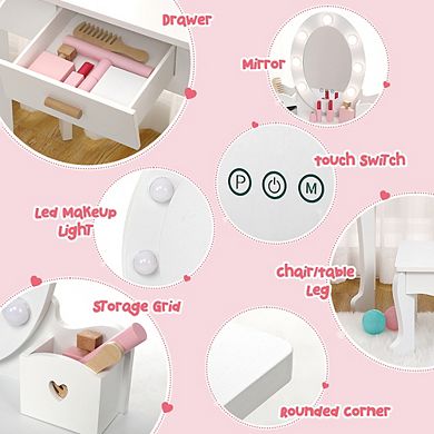 Pretend Play Vanity Set with Lighted Mirror, Kids Vanity Table and Stool with Playset