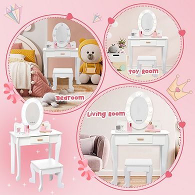 Pretend Play Vanity Set with Lighted Mirror, Kids Vanity Table and Stool with Playset