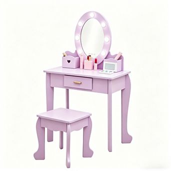 Pretend Play Vanity Set with Lighted Mirror, Kids Vanity Table and Stool with Playset