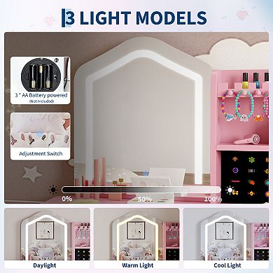Kids Vanity with Lighted Mirror and Ring Storage, Toddler Makeup Table Set with Playset