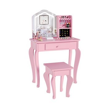 Kids Vanity with Lighted Mirror and Ring Storage, Toddler Makeup Table Set with Playset