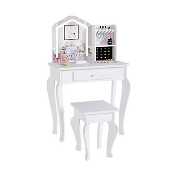 Kids Vanity with Lighted Mirror and Ring Storage, Toddler Makeup Table Set with Playset