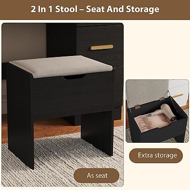 Large Mirror Vanity Desk with Lights and Storage, Makeup Vanity Table with Stool