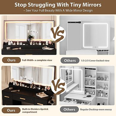 Large Mirror Vanity Desk with Lights and Storage, Makeup Vanity Table with Stool