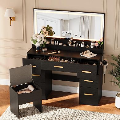Large Mirror Vanity Desk with Lights and Storage, Makeup Vanity Table with Stool
