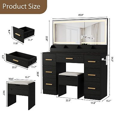 Large Mirror Vanity Desk with Lights and Storage, Makeup Vanity Table with Stool