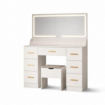 Large Mirror Vanity Desk with Lights and Storage, Makeup Vanity Table with Stool