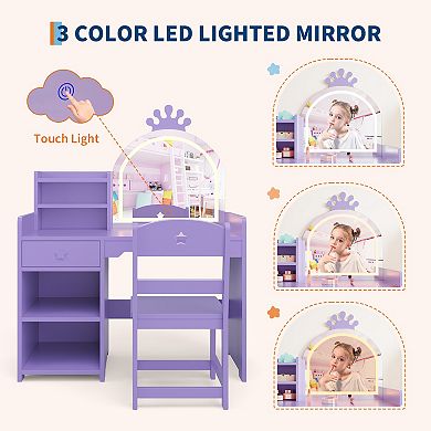 2-in-1 Kids Vanity with Bookshelf and Lights, Toddler Vanity Table and Chair Set