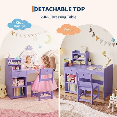 2-in-1 Kids Vanity with Bookshelf and Lights, Toddler Vanity Table and Chair Set