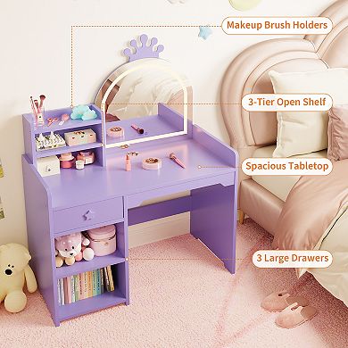 2-in-1 Kids Vanity with Bookshelf and Lights, Toddler Vanity Table and Chair Set