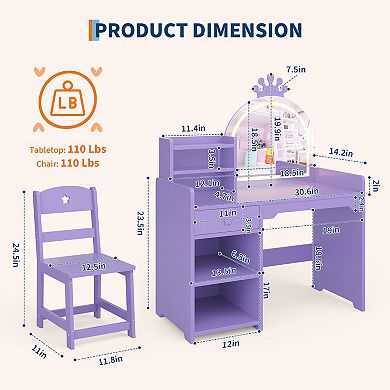 2-in-1 Kids Vanity with Bookshelf and Lights, Toddler Vanity Table and Chair Set