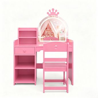 2-in-1 Kids Vanity with Bookshelf and Lights, Toddler Vanity Table and Chair Set