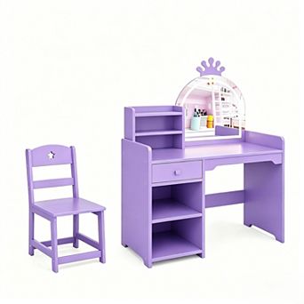 2-in-1 Kids Vanity with Bookshelf and Lights, Toddler Vanity Table and Chair Set