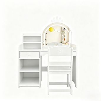 2-in-1 Kids Vanity with Bookshelf and Lights, Toddler Vanity Table and Chair Set