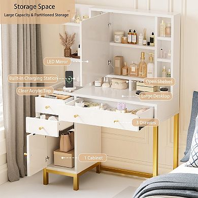 Glass Top Vanity Desk with Lights and 3 Drawers, Vanity Set with Stool