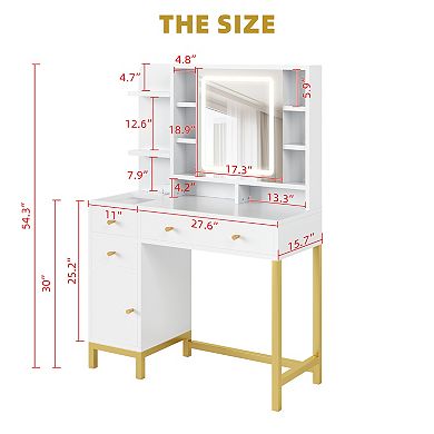 Glass Top Vanity Desk with Lights and 3 Drawers, Vanity Set with Stool