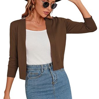 Women's Open Front Cropped Bolero Shrugs Casual Lightweight Knit 3/4 Sleeve Short Cardigan Sweaters