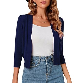 Women's Open Front Cropped Bolero Shrugs Casual Lightweight Knit 3/4 Sleeve Short Cardigan Sweaters
