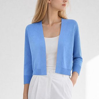Women's Open Front Cropped Bolero Shrugs Casual Lightweight Knit 3/4 Sleeve Short Cardigan Sweaters