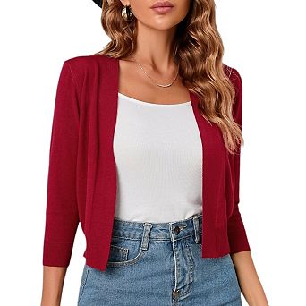 Women's Open Front Cropped Bolero Shrugs Casual Lightweight Knit 3/4 Sleeve Short Cardigan Sweaters