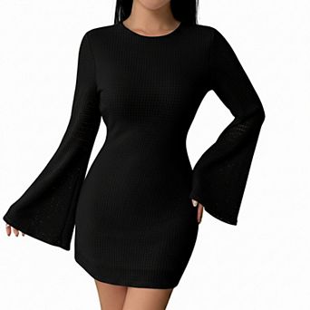 Women's Round Neck Bell Sleeve Waffle Knit Mini Dress, Backless Tie Casual Dress