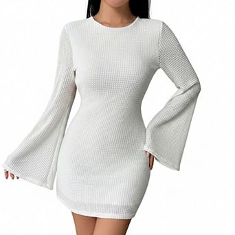 Women's Round Neck Bell Sleeve Waffle Knit Mini Dress, Backless Tie Casual Dress