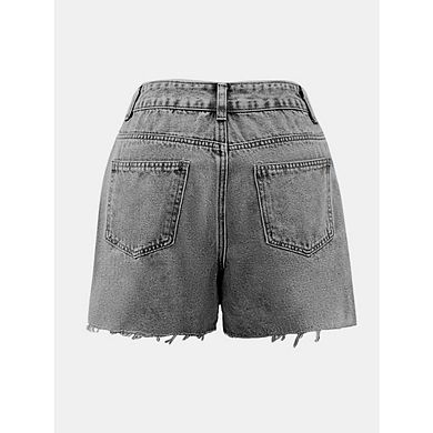 Women High Waisted Stretchy Casual Distressed Ripped Raw Hem Jean Shorts