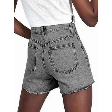 Women High Waisted Stretchy Casual Distressed Ripped Raw Hem Jean Shorts