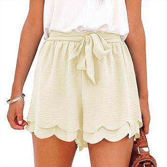 Women's Ruffle Casual Drawstring Elastic Waist Beach Lightweight Flowy Shorts with Pockets
