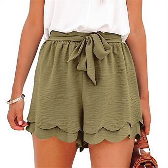 Women's Ruffle Casual Drawstring Elastic Waist Beach Lightweight Flowy Shorts with Pockets