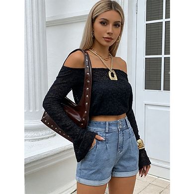 Women Stretchy Wide Leg High Waisted with Cuffed Hem Jean Shorts