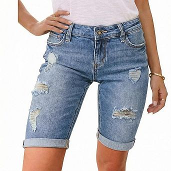 Women Ripped Casual Mid Waist Stretchy Denim Jean Shorts