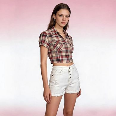 Womens High Waisted Stretchy Trendy Button Fly Rolled Hem Casual Jean Shorts