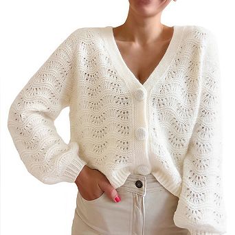 Womens Crochet Long Sleeve Cardigan Lightweight V Neck Button Down Front Knit Sweater Jumper