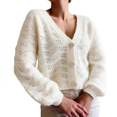 Womens Crochet Long Sleeve Cardigan Lightweight V Neck Button Down Front Knit Sweater Jumper