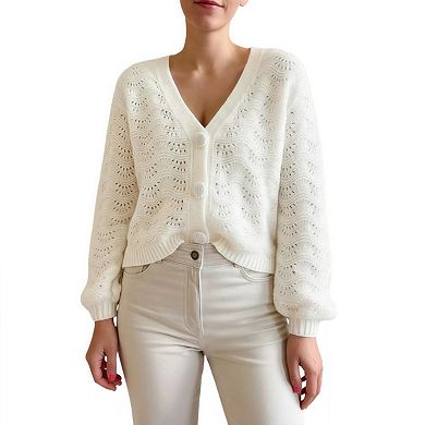 Womens Crochet Long Sleeve Cardigan Lightweight V Neck Button Down Front Knit Sweater Jumper