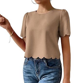 Womens Short Sleeve Cute Cropped Tops Casual Summer Scalloped Edge Loose Fit T-Shirts Tee Blouse