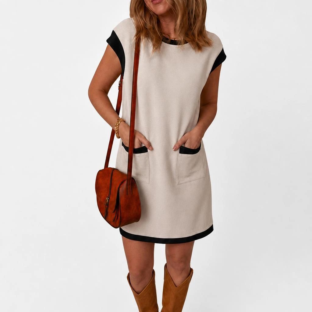 Женские платья Casual Spring Summer Dresses Fashion Cap Sleeve Color Block Crewneck Shift Tshirt Mini Dress