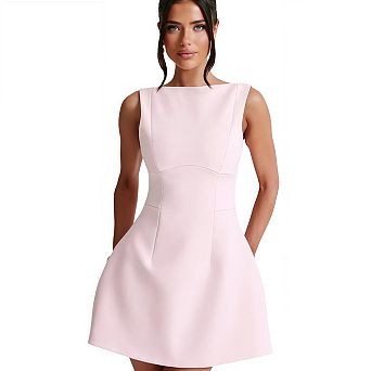 Womens Summer Sleeveless Mini Dress Elegant Classy Boat Neck A Line Cocktail Party Short Dresses