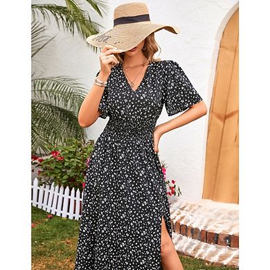 Women's Summer Wrap Up Floral Print V Neck Short Sleeved Ruffled Dress