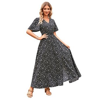 Women's Summer Wrap Up Floral Print V Neck Short Sleeved Ruffled Dress
