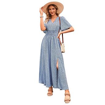 Women's Summer Wrap Up Floral Print V Neck Short Sleeved Ruffled Dress