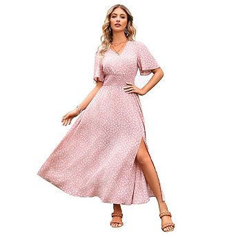 Women's Summer Wrap Up Floral Print V Neck Short Sleeved Ruffled Dress