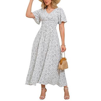 Women's Summer Wrap Up Floral Print V Neck Short Sleeved Ruffled Dress