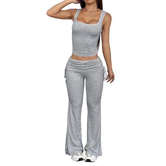 Two Piece Workout Sets for Women Tank Top and Solid Color Flared Long Pant Gym Yoga Jogging Outfits