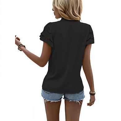 Women's Ruffle Sleeve Button Down Blouse Boho Swiss Dots Hollow Out Summer Shirts