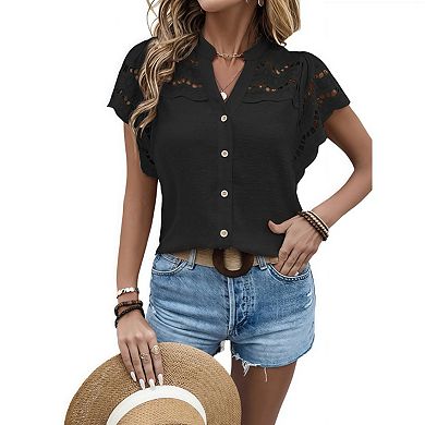 Women's Ruffle Sleeve Button Down Blouse Boho Swiss Dots Hollow Out Summer Shirts