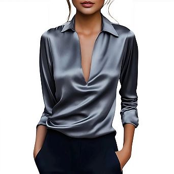 Women's Elegant Satin Silk Blouse Cowl Neck Ruched Front Draped Long Sleeve Work Office Shirt Top